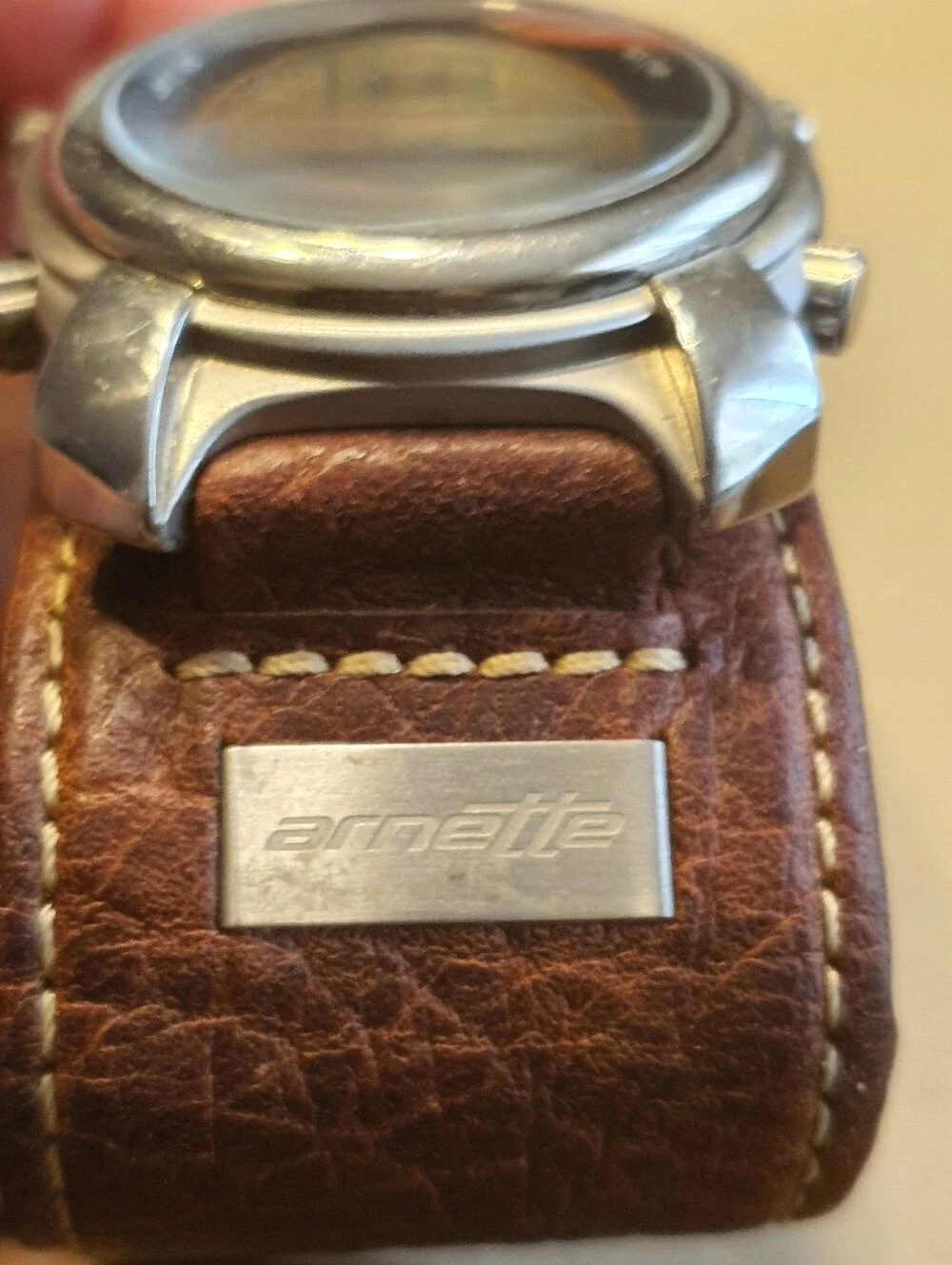 10/$20 Arnette Silver/Brown Leather Wideband Digital Alarm Chrono Men's Watch